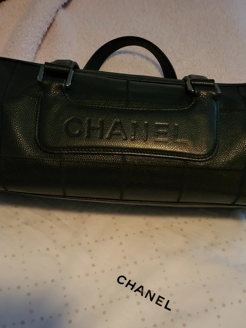 CHANEL Dark Green Pebbled Leather Duffel Bag
